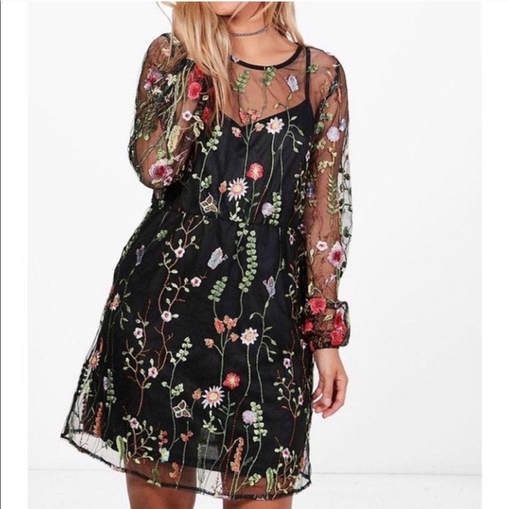 Boohoo Sheer Embroidered floral dress w/ sleeves